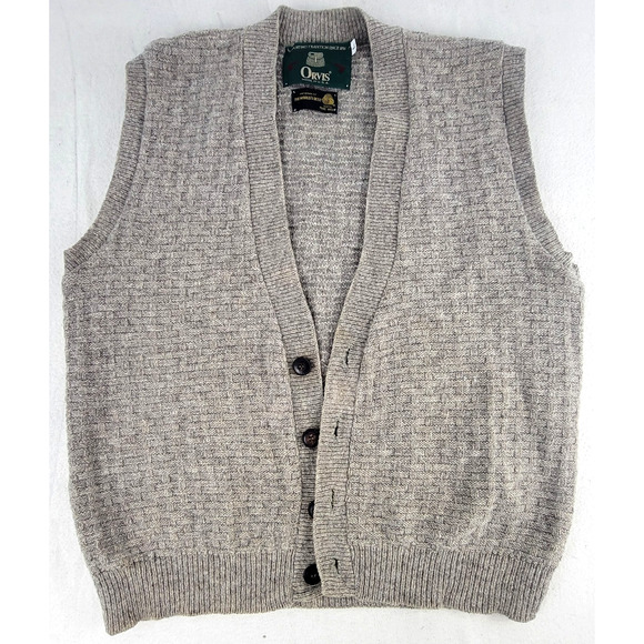 Vintage Orvis 100% Wool Sweater Vest Men's L Made in USA Beige Knit 80s 90s - Picture 2 of 10